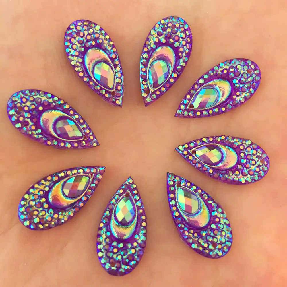 40PCS AB Resin 10*20mm Teardrop Peacock eye Flat back rhinestone applique scrapbook Wedding Embellishment diy 2 hole craft SK83