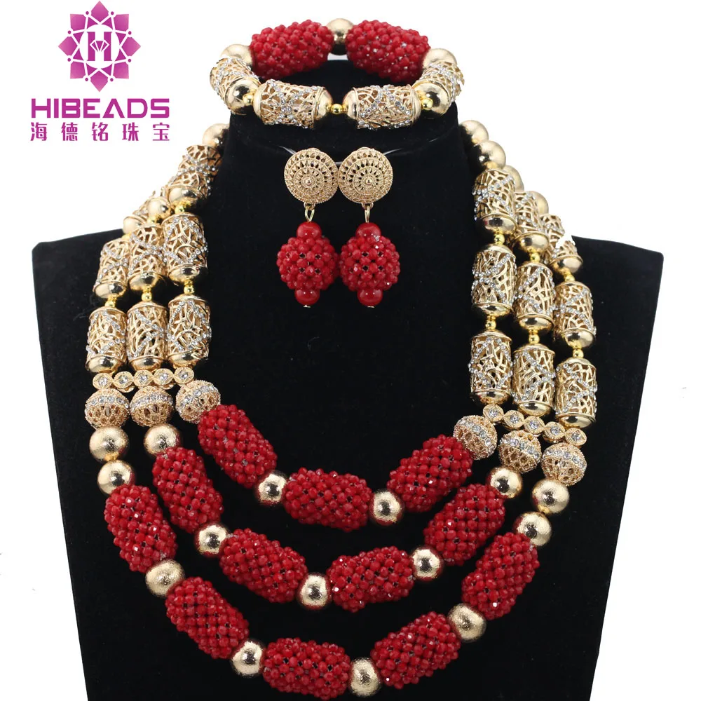 

New Dubai Gold African Nigerian Beads Jewelry Set Red Beads Statement Women Jewelry Necklace Set for Wedding Free ShippingABH440