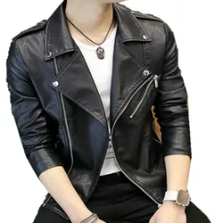 Men's Leather Jackets Men lapel Collar Coats Male Motorcycle Leather Jacket Short belt jacket Casual Slim Brand Clothing