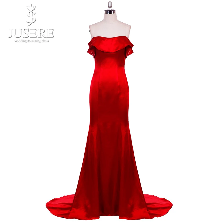 Jusere Strapless Neckline Empire Trumpet Soft Satin High Quality Occasion Formal Simple Design Elegant Red Evening Dress