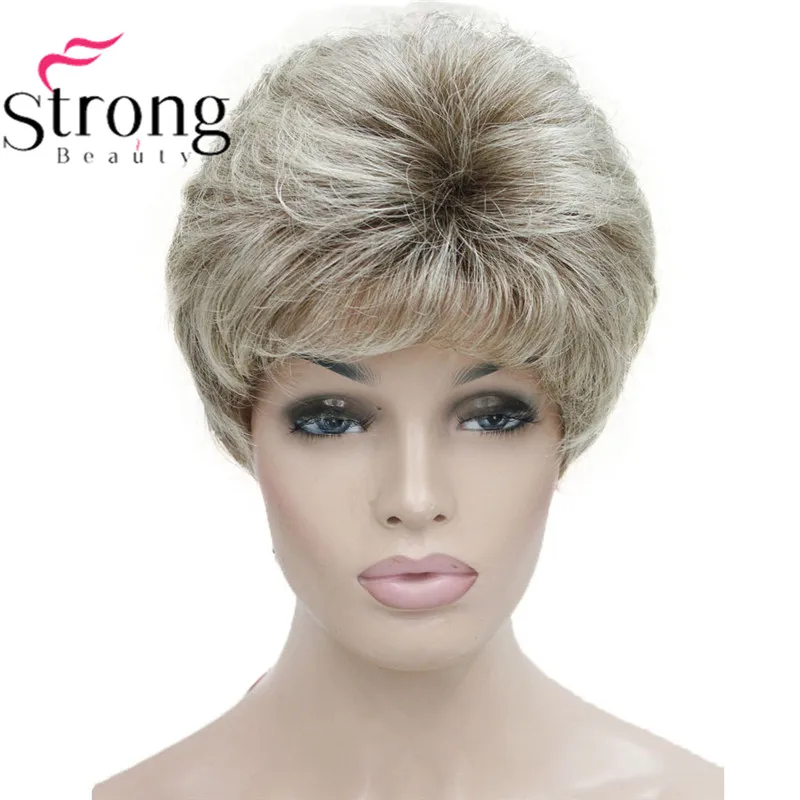 Strongbeauty peruca feminina clássica curta desordenada com camadas loiras ombré gorro sintético completo perucas