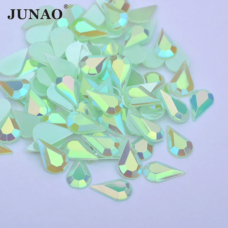 JUNAO 5x8mm 8x13mm Green AB Crystal Flatback Rhinestones Drop Strass Glue On Acrylic Stones Non Hotfix Crystal for DIY Clothes