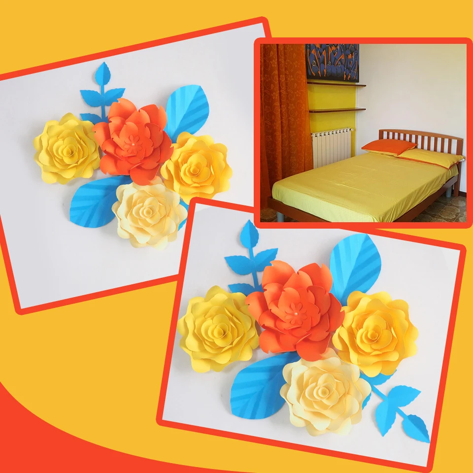 DIY Giant Paper Flowers Artificial Rose Fleurs Artificielles Backdrop 4pcs+ 4 Leave Bedroom Wall Decor Nursery Yellow Orange