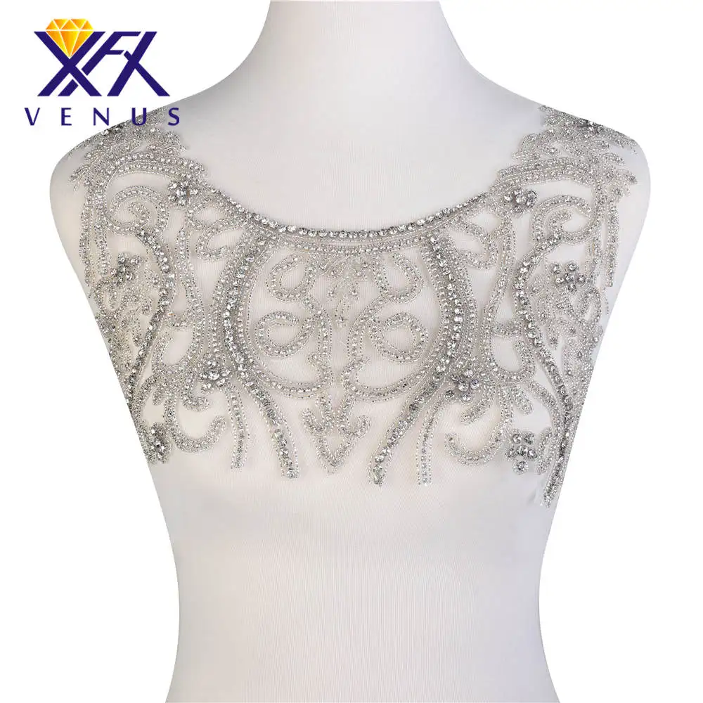 XINFANGXIU 10 Pcs rhinestone bodice applique crystal beaded beads applique patches mesh for bridal wedding dress evening gown