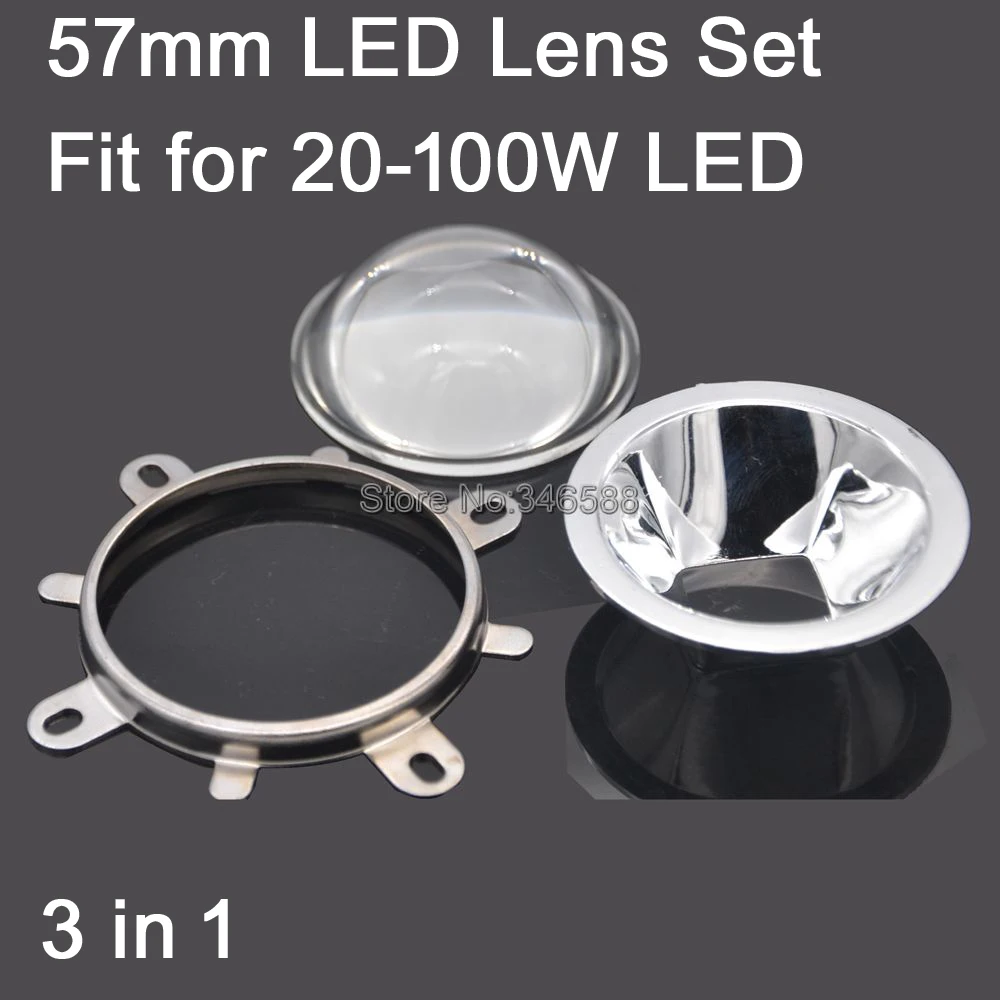 57mm Aspheric Optical Glass LED Lens+ 58mm Square Reflector + 60mm Fixied Bracket 3 in 1 for 20W -100W High Power LED Oval Shape