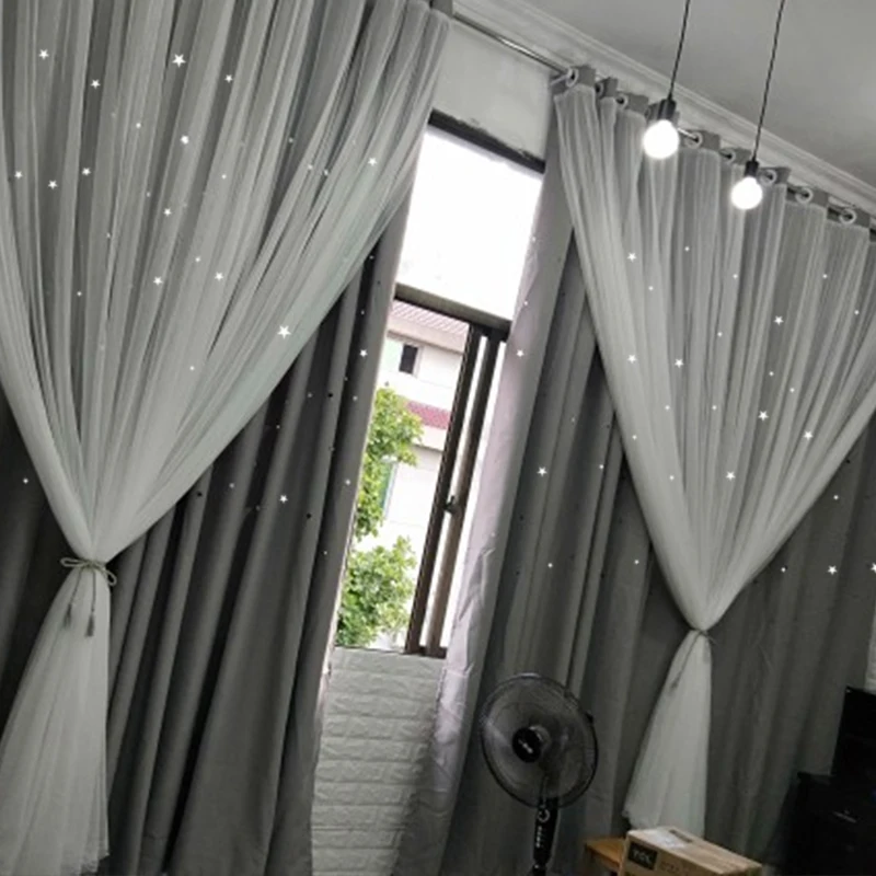 Princess Style 2 Layers Curtain for Girl's Bedroom and Living Room, Hollow Star Curtains, Grey Blackout Curtains with Lace Edge