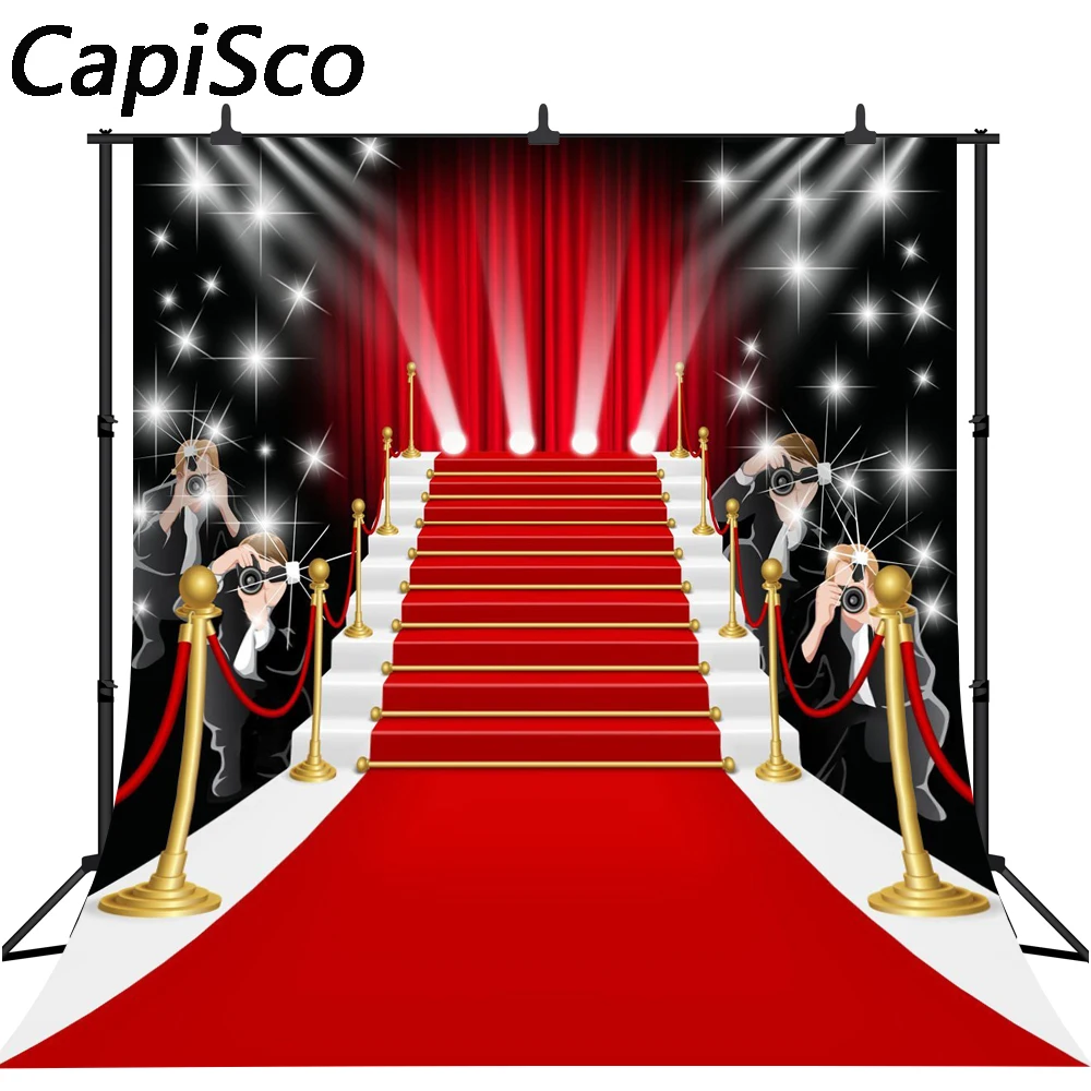 

Capisco Photography Backdrop Tees Dazzling Red Carpet Fashion Fantasy Shiny Stars Background Props Photocall Photobooth Studio