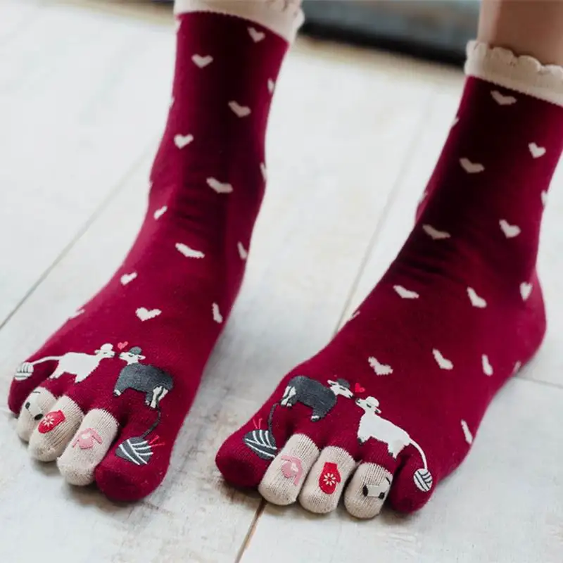 3Pairs/lot Autumn and Winter Women Socks Warm Soft cartoon Five Finger Toe Socks Women Cotton Socks Comfortable Gift X218