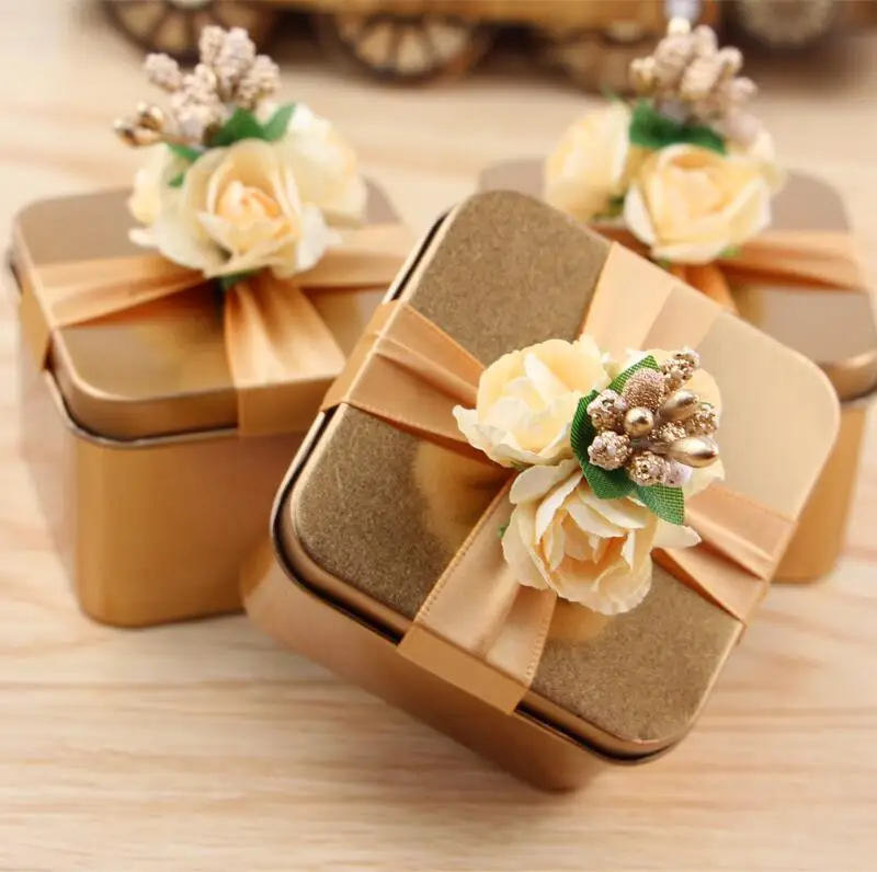 Metal Candy Boxes Square with Flowers Gold Red Purple Blue Color Wedding Beautiful Favor Gift Box LX7391