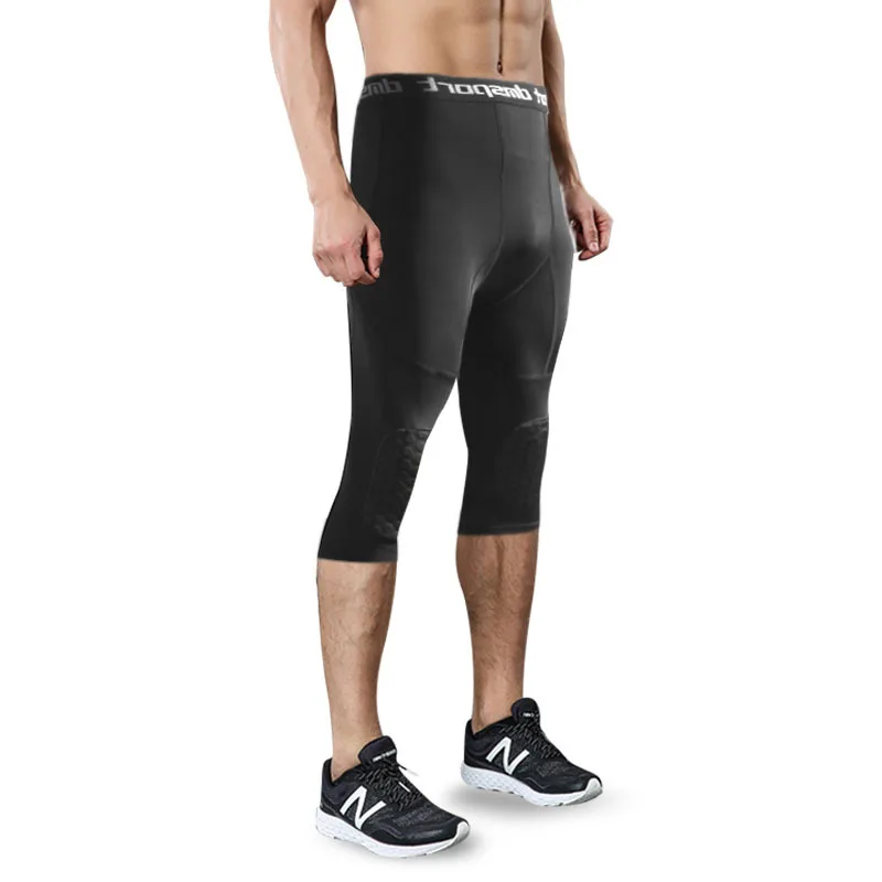 Men's Basketball Padded Three-Quarter Tights Pants with Knee Pads for Men 3/4 Capri Compression Tights Leggings Girdle Training image 5
