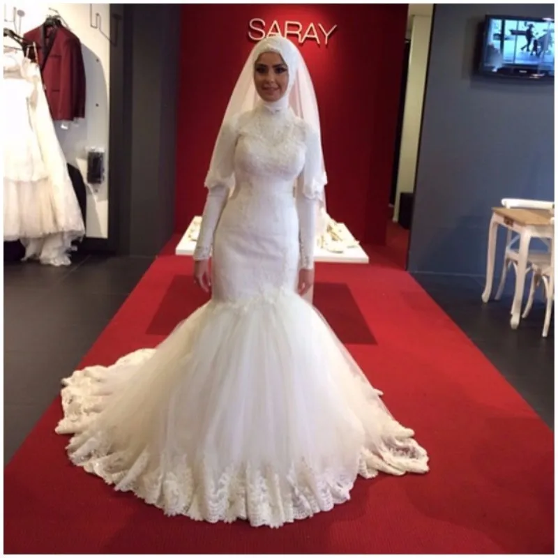 Stile arabo Tulle pizzo Applique collo alto musulmano lunghezza del pavimento abiti abiti da sposa abito a maniche lunghe per la festa nuziale