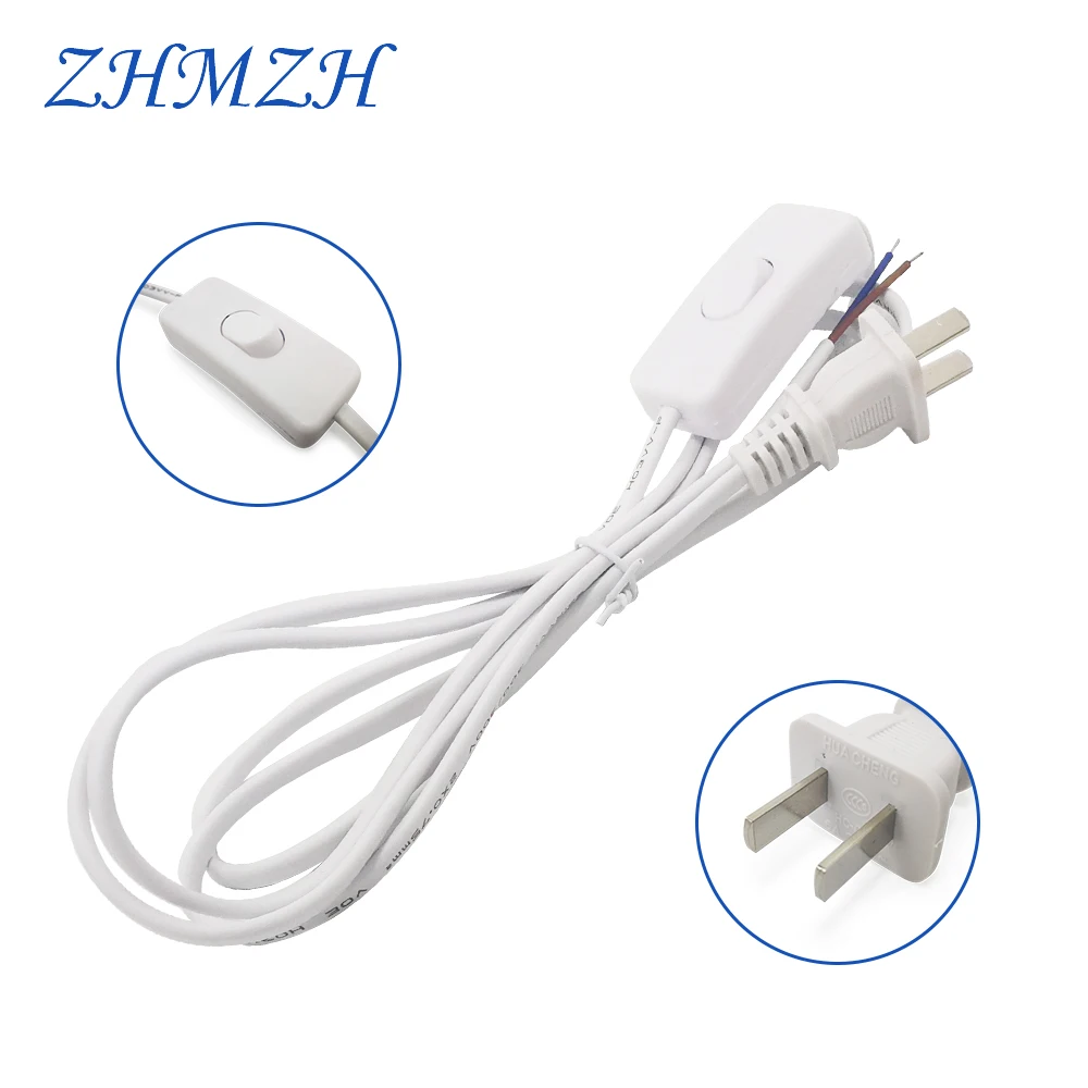 AC Power Cord 1.8m on-off Switch Plug Wire Two-pin EU Plug Cable Extension Cords US Type Adapter Black White Line For LED lamp