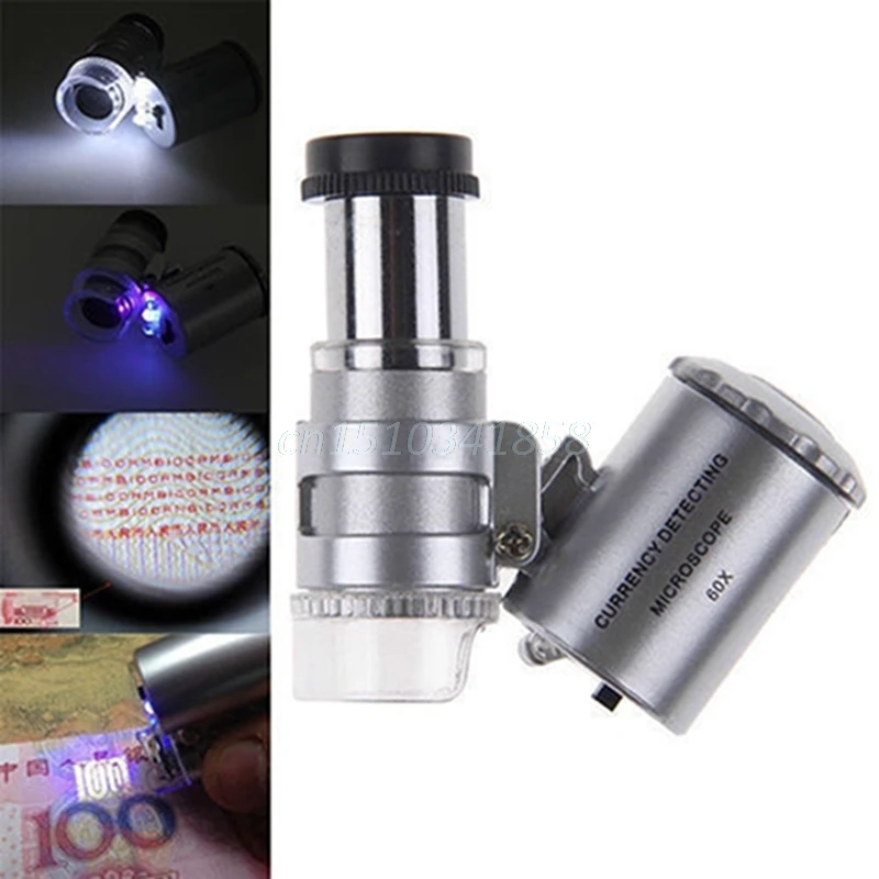 New Mini 60X Jeweler Loupe Magnifier Microscope UV currency Detector with LED Light Jewelry tool