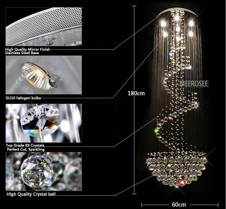 Lustre en cristal de longue taille luminaire lustre moderne de cristal lumière pour hall escalier escaliers foyer éclairage d'escalier en cristal