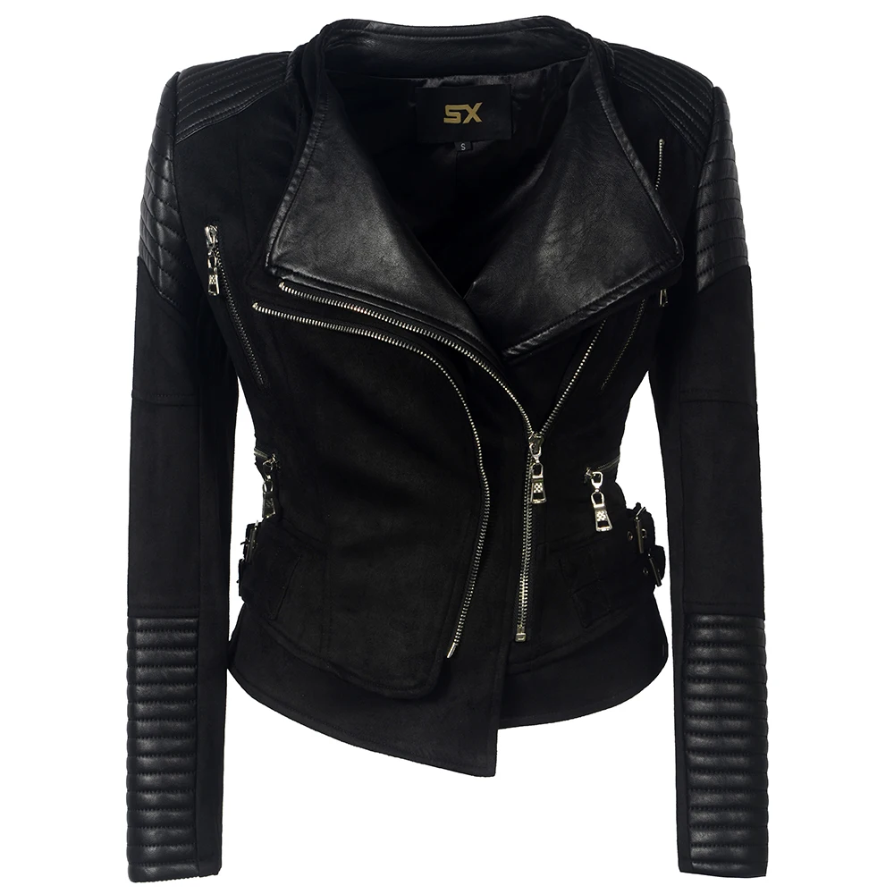 Faux PU leather women jacket zipper ladies suede motorcycle coat punk biker outerwear Street Style long sleeve biker jacket