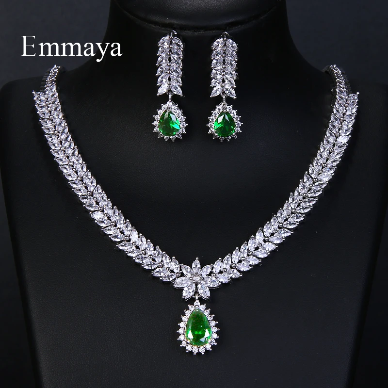 Emmaya Luxury AAA Cubic Zircon 4 Colors Water Drop Wedding Earrings Necklace For Women Bridal Jewelry Sets Party Accessories