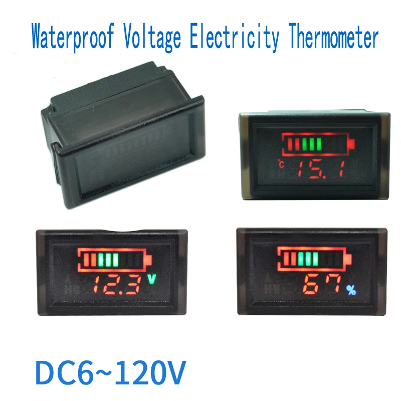 DC 6-120V LED Screen Dual Monitor Coulometer Electronic Digital Voltmeter Portable Digital Voltmeter Temperature Display