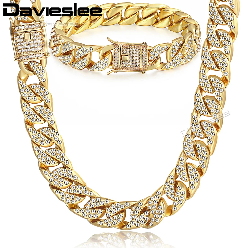 Davieslee Jewelry Set For Men Gold Color Miami Curb Cuban Link Chain Necklace Bracelet Sets Men's Jewelry 14mm DGS262