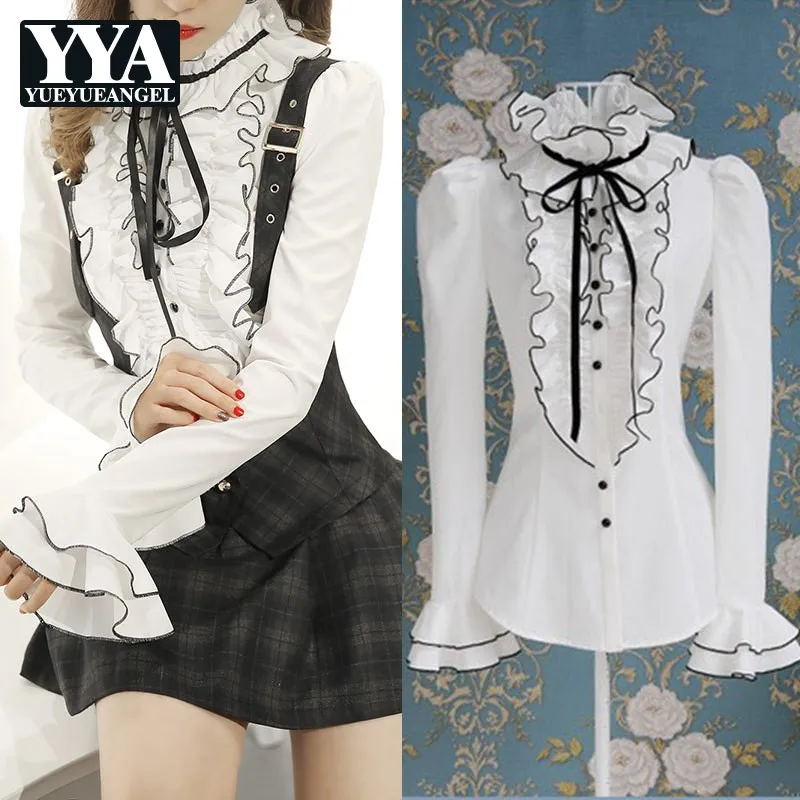Primavera otoño nuevas mujeres Kawaii volantes camisa blanca cuello alto con cordones Slim Fit Oficina señoras traje camisas Tops de manga larga
