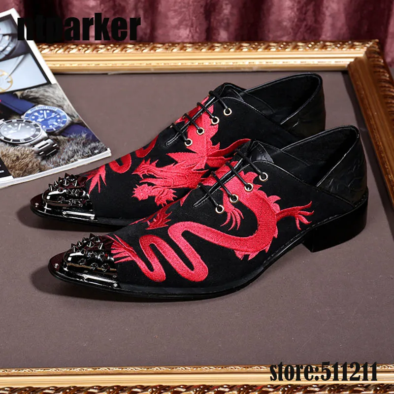 

ntparker Handmade 2018 Western Rock Men's Shoes Pointed Iron Toe Black/Red Suede Men Lace-up Dress Shoes for Wedding/Business