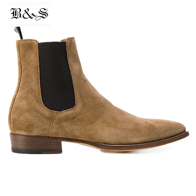 

Black& Street New Handmade Wedge Pointed Toe Suede Chelsea Boots Slip On Genuine Leather Charming Man Dress Slim Denim Boots