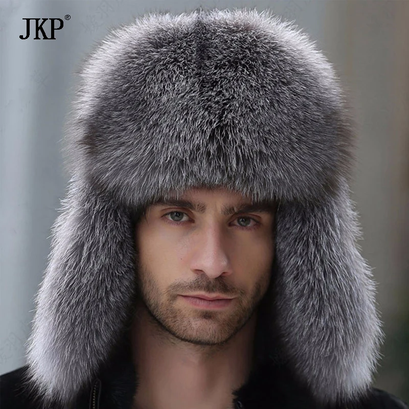 Genuine Silver Fox Fur Hats Men Real Raccoon Fur Lei Feng Cap for Russian Men Bomber Hats with Leather Tops 1002