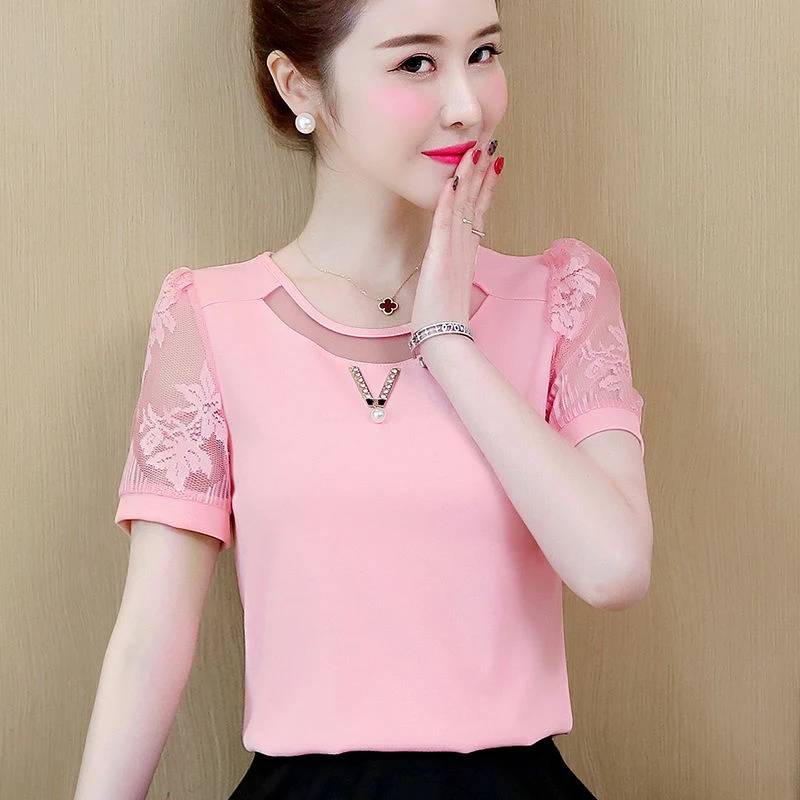 Women Spring Summer Style Chiffon Blouses Shirts Lady Casual Lace Short Sleeve O-Neck Blusas Tops DF2786