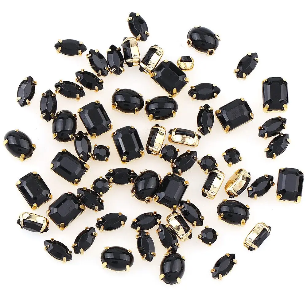 60Pcs Mixed Shape Black Resin Opal With Gold Base Copper Claw Stone Strass Diamond Stones For DIY Nail Art Decoration