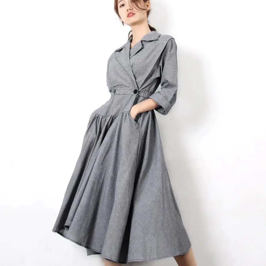 

2020 Spring autumn Notched Three Quarter Sleeve Irregular Hem vintage Mid-calf Dress women shirt dress