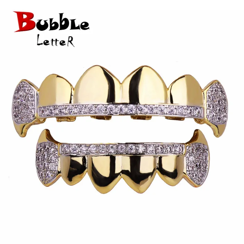 Bubble Letter Hip Hop Grillz Teeth Iced Zircon Fang Mouth teeth Caps Top & Bottom Tooth Set Men Women Vampire  Fashion Jewelry