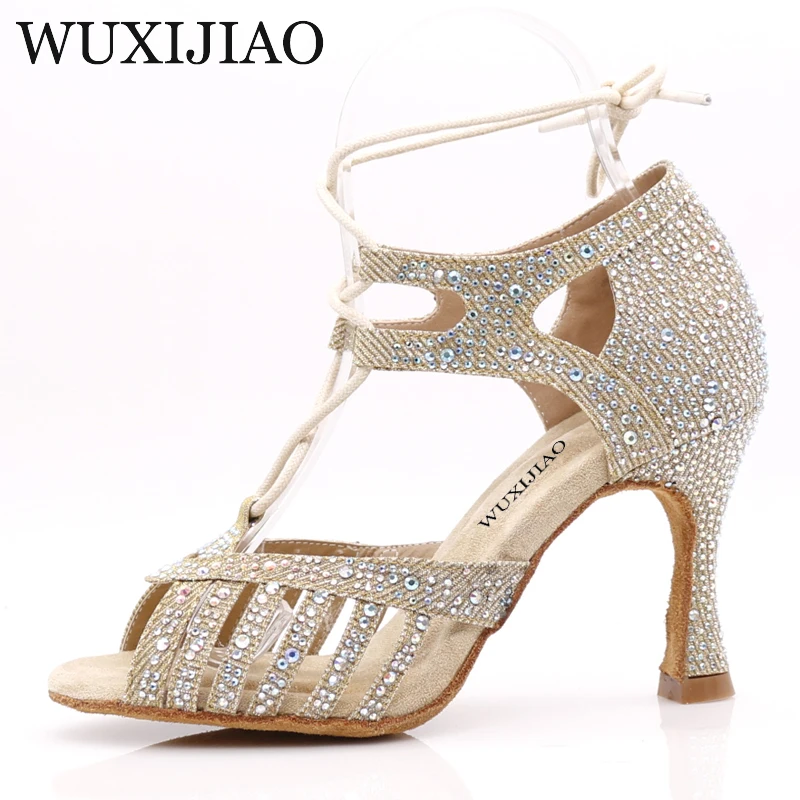 WUXIJIAONew Red and Glod Flash Cloth Salsa Dance Shoes Soft Bottom Latin Kizomba Tango Ballroom Dance Shoes Heel 6/7.5/8.5/10cm