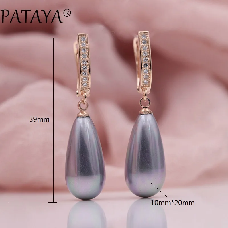 PATAYA New Fashion Multicolor Long Imitation Pearls Natural Zircon Dangle Earrings 585 Rose Gold Color Women Wedding Jewelry