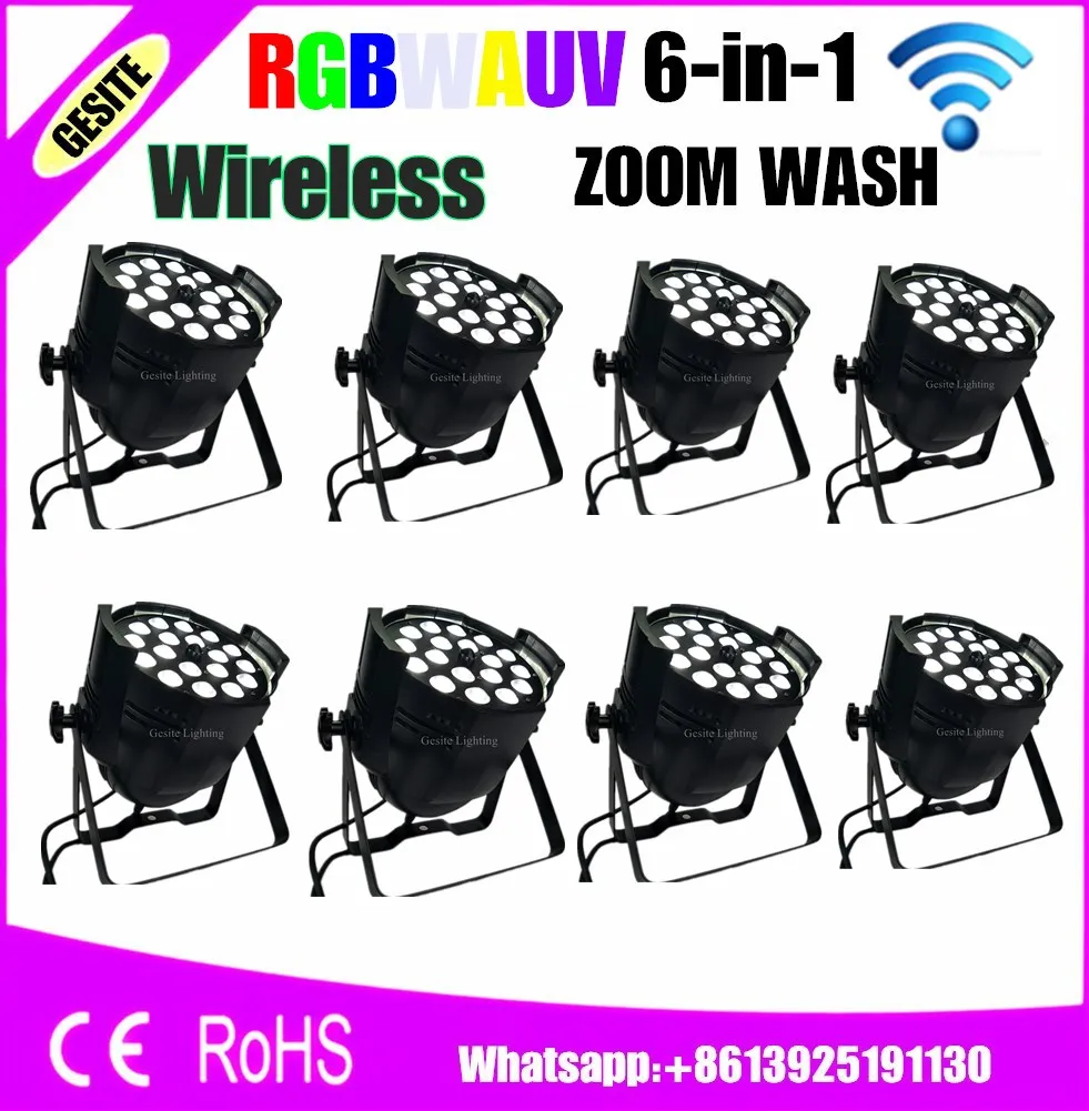 

8pcs/lot wireless control 18pcs RGBWAUV 6in1 ZOOM LED Par with rainbow dmx dj lighting for