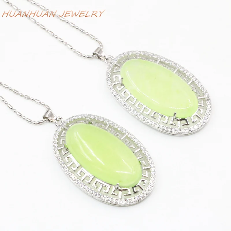 Stainles Steel Necklaces & Pendant For Women Charms Green Natural Stone Jades Chalcedony Zircon Pendants 24x42mm Jewelry B3317