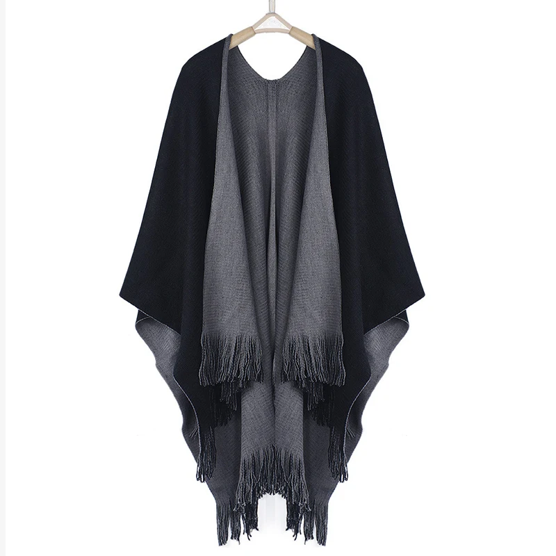 Cárdigans sólidos para mujer, chales de punto, Poncho, manta Reversible de gran tamaño, bufanda de cara invertida, borla, Poncho y capas de moda