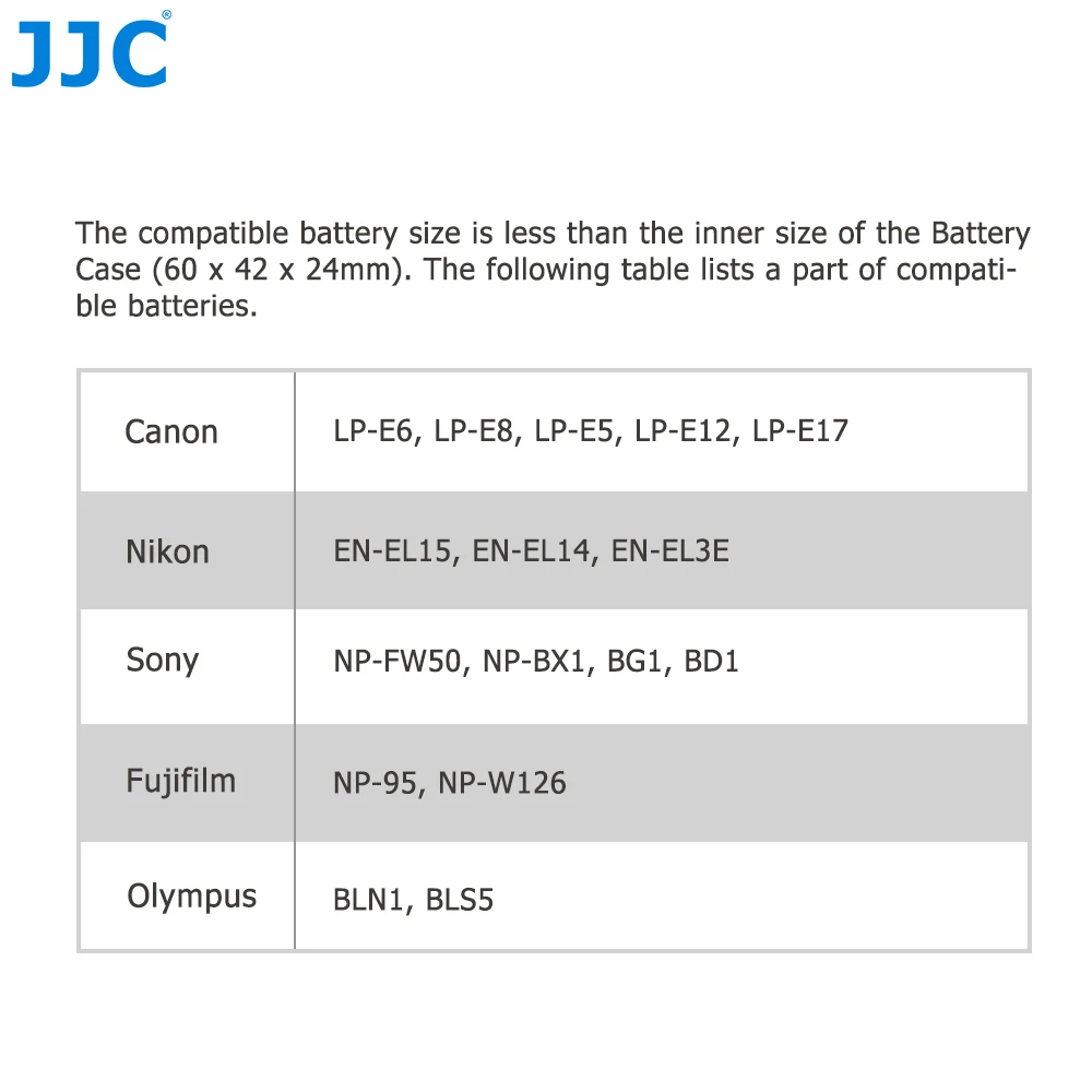 Pojemnik na baterie JJC do aparatu Canon LP-E17 LP-E12 Nikon EN-EL15 EN-EL14 Sony NP-FW50 Fujifilm NP-95 NP-W12 Olympus BLN1