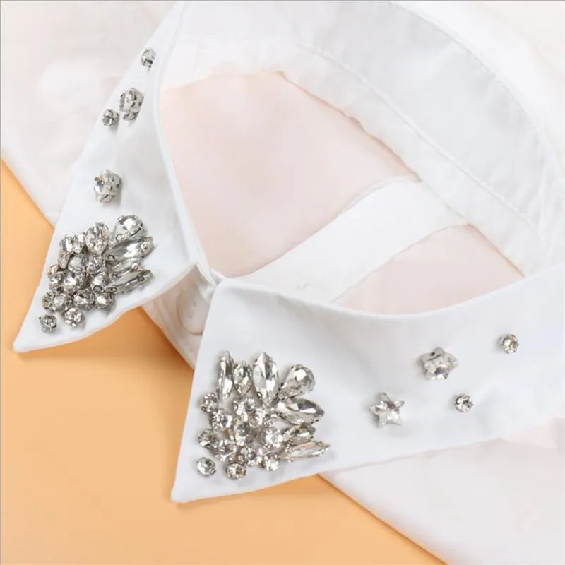 

Fashion Women Rhinestone Collar White Cotton Crystal Beading Collars Bib Detachable Shirt Collars for woman's sweater girls