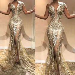 champagne prom dresses 2019 deep v neck pearls hand made flowers front slit sexy evening dresses gowns arabic