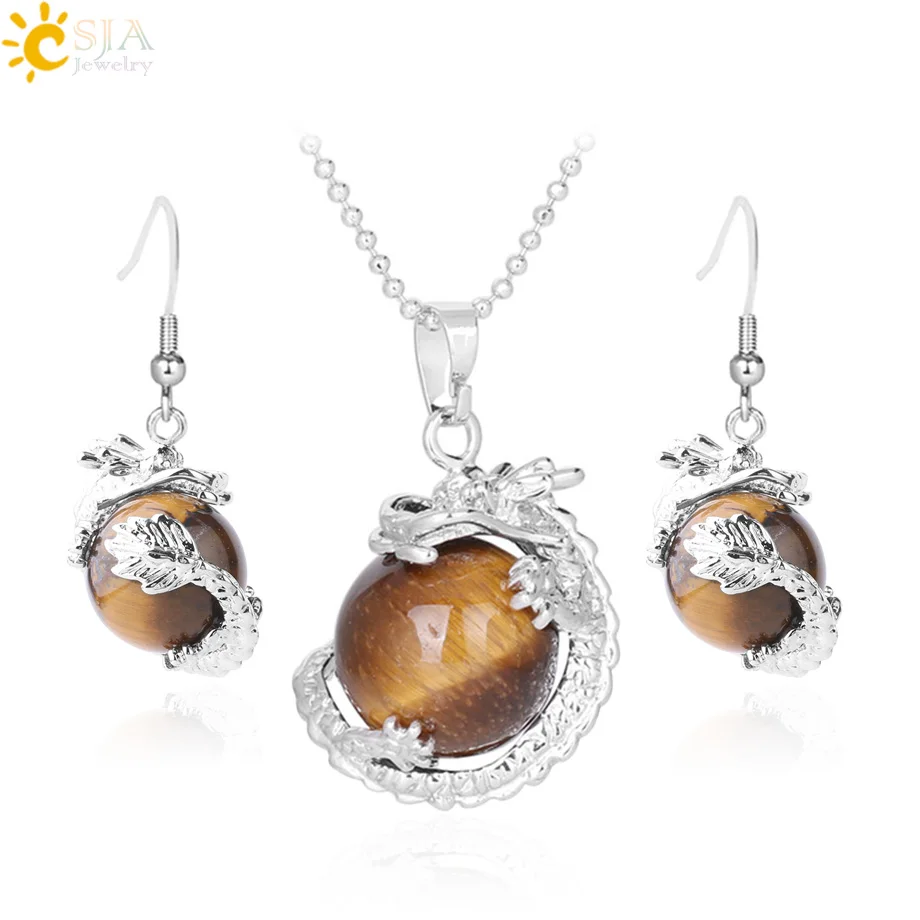 CSJA Earring Necklace Jewelry Set for Women Totem Dragon Wrap Natural Stone Bead Tiger Eye Ball Charm Female Gems Jewellery F648