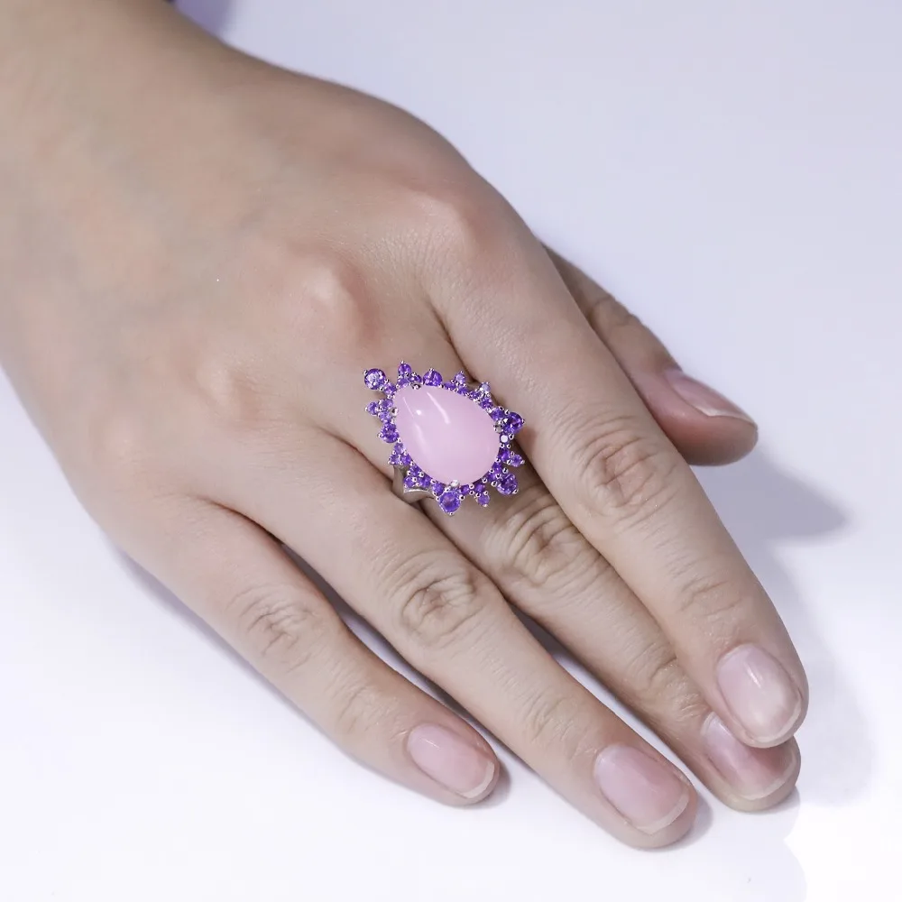 GEM\'S BALLET Natural Pink Calcedony Gemstone Ring 925 Sterling Silver Vintage Halo Cocktail  Rings for Women Fine Jewelry
