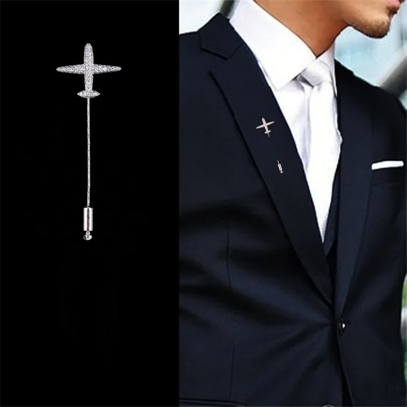 High quality Sparkling Zircon Aircraft Airplane Man Pins Brooches Man Party Plug-in Brooch Jewelry Men Suit Brooch Pin New 2019