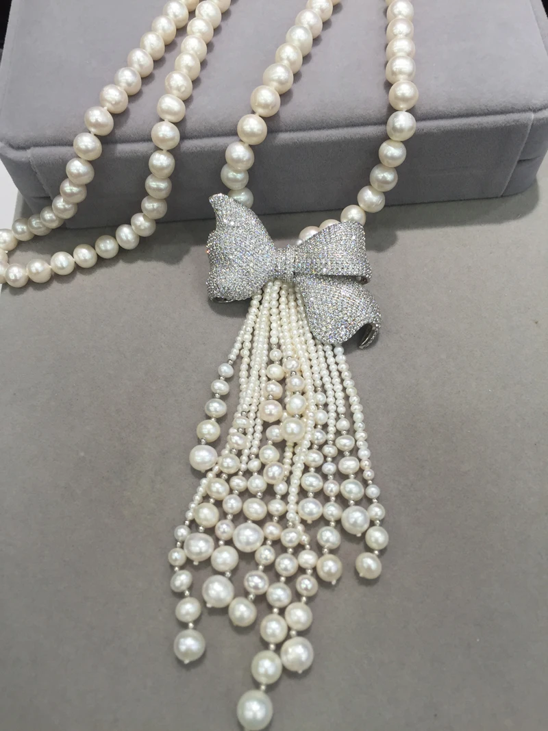 

white 8-9MM Long fresh water pearl Necklace nearround Bowknot solid silsver cubic zircon tassels fashion women jewelry