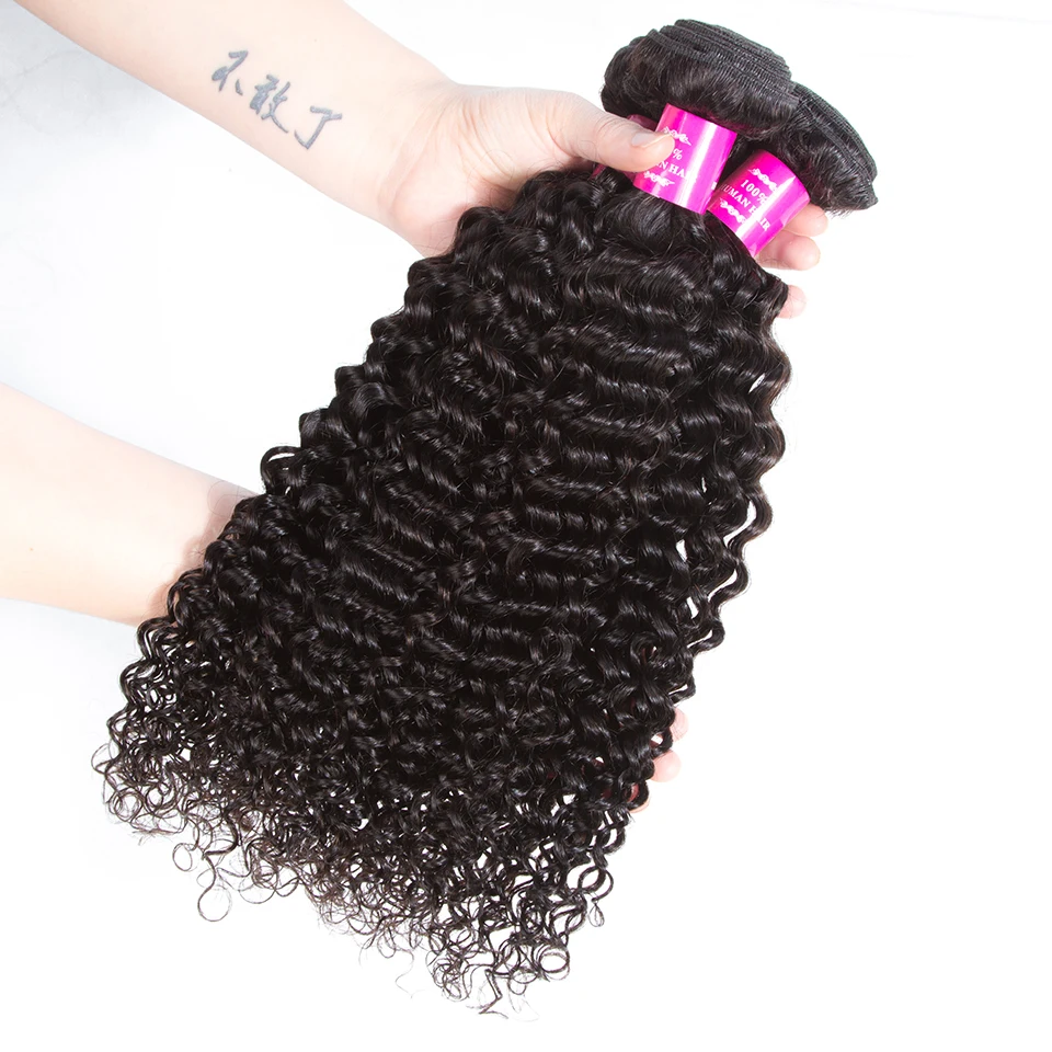 Queenlike-Pacotes de cabelo encaracolado com fechamento, Weave Remy brasileiro, Kinky Curly Bundles, 100% cabelo humano, 24 ", 26"