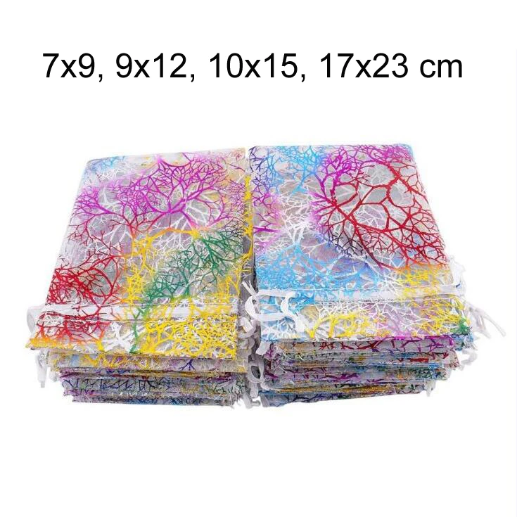 

100pcs/lot 7x9, 9x12, 10x15, 17x23 cm Coral Pattern Drawstring Organza Pouches Gauze Yarn Wedding Party Candy Bags Gift Bag