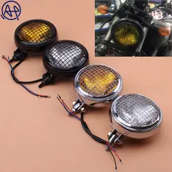 Motorcycle Old School Vintage Metal Retro Front Hi-Lo H4 Headlight Clear/Amber Lens+Grill Mask Black/Chrome For Harley Chopper