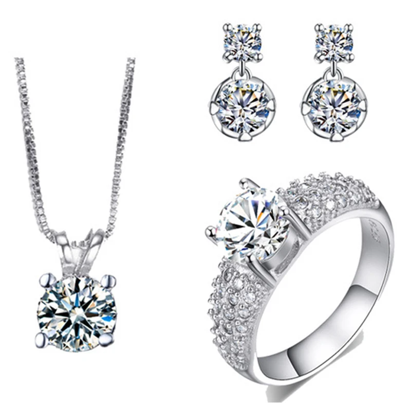 AAA Cubic Zirconia Necklace And Earring Set White Gold color Ring Sets Wedding Jewelry Set CZ Jewelry Bijoux ASM017