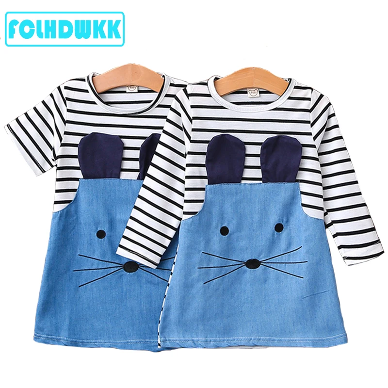 2018 New Summer Striped Patchwork Character Girl Dresses Long Sleeve Children Clothing Kids Girls Dress Denim Kids Clothes 9 10Y