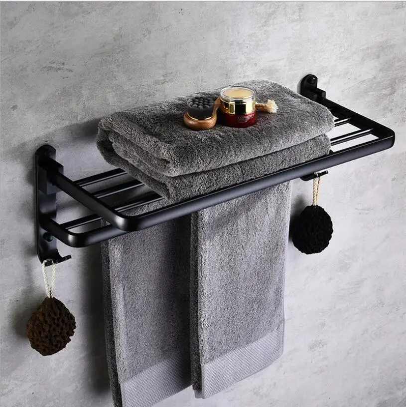 Aluminum Alloy 63 cm Folding Bathroom Towel Rack Black Oil Brushed Foldable Fixed Bath Towel Holder Bath Shelves Towel Rail