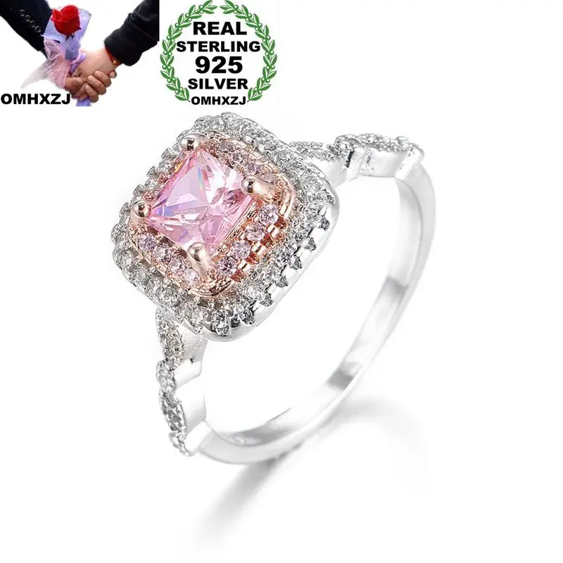 OMHXZJ grosir mode Eropa wanita gadis pesta hadiah pernikahan putih merah muda persegi AAA Zircon 925 perak murni cincin R211