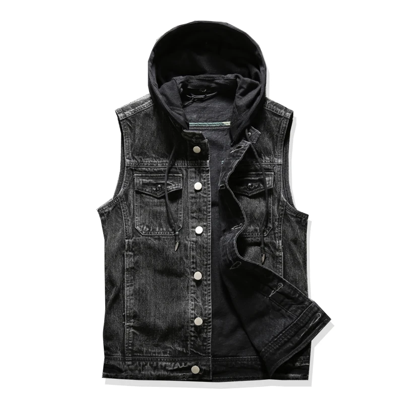 2019 Jeans Sleeveless Jacket Men black Denim Jeans Vest Men Cowboy Denim Hooded Vest Mens Jackets Large size 4XL